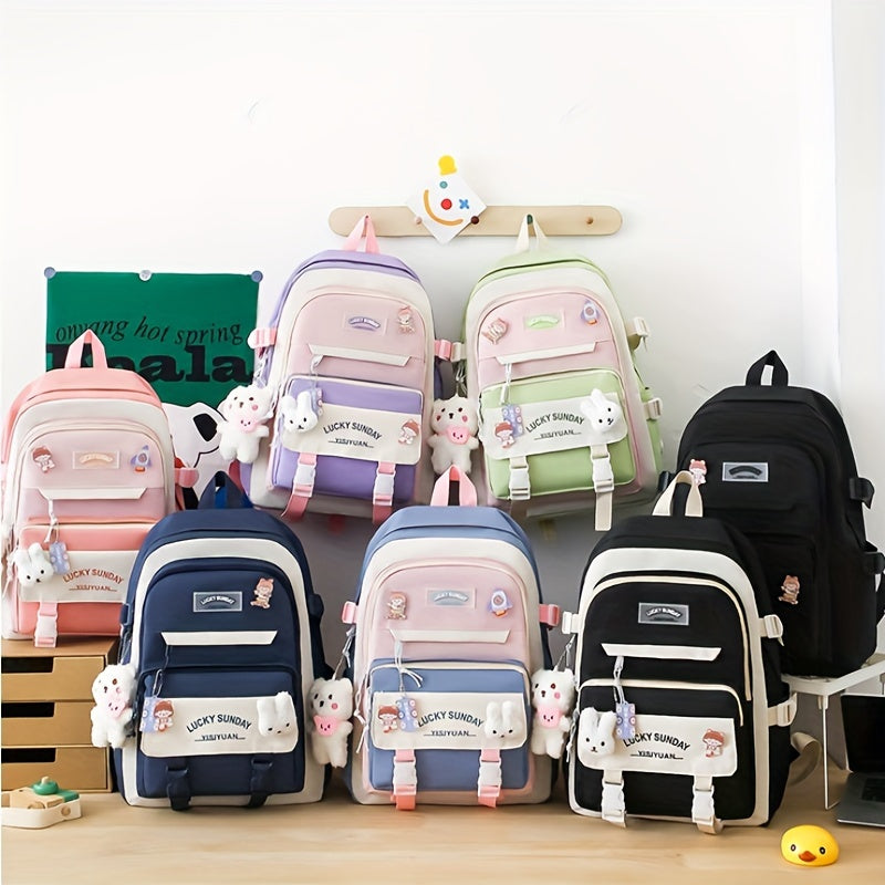 Five-Piece Large Capacity Double Shoulder Bag Women's Fashion Simple Color-Block Casual Backpack (No Pendant, Badge Ladies Travel Bag)